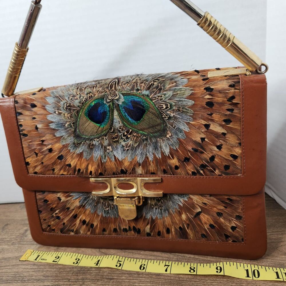 Vintage Peacock Feather Handbag 1950s 60s Real Feather Purse Gold Clasp